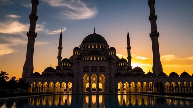Islamic architecture silhouette against sunset sky with minarets domes and water reflection