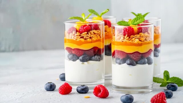 Layered Delight: A visually stunning composition of delectable parfaits, showcasing layers of fresh fruits, creamy yogurt, and crunchy granola