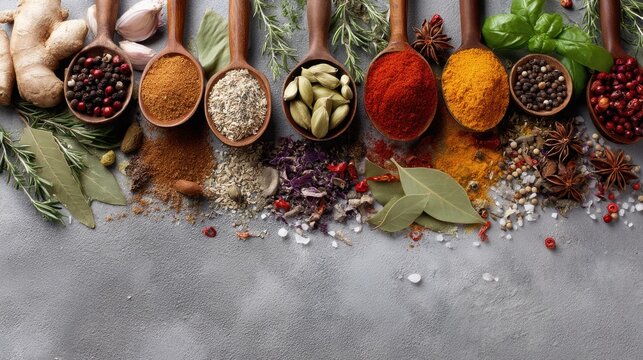 Spoons filled with different spices sit on a gray surface. Various herbs and seasonings surround the spoons creating a culinary scene that highlights diverse flavors. - Powered by Adobe