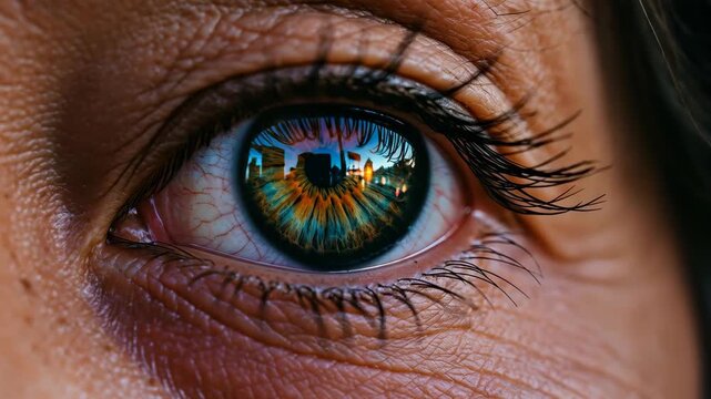 Window to the Soul: A close-up view of an eye unveils a world of color and emotion. The eye reflects a complex tapestry of light, drawing the viewer into a realm of introspection and connection.