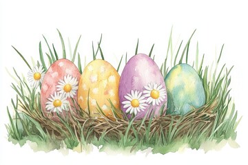 Four pastel Easter eggs with daisy details sitting in a nest in the spring grass, watercolor illustration