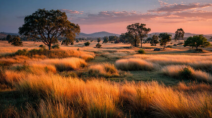 Savannah grassland bathed in warm sunset light with tall grasses and scattered trees, showcasing natural wildlife habitat, golden hour scenic landscape, environmental biodiversity, and outdoor