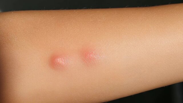 Skin Irritation: Close-up of skin showing raised, reddish bumps, highlighting skin irritation, likely caused by an insect bite or allergic reaction, emphasizing the texture and visual discomfort.