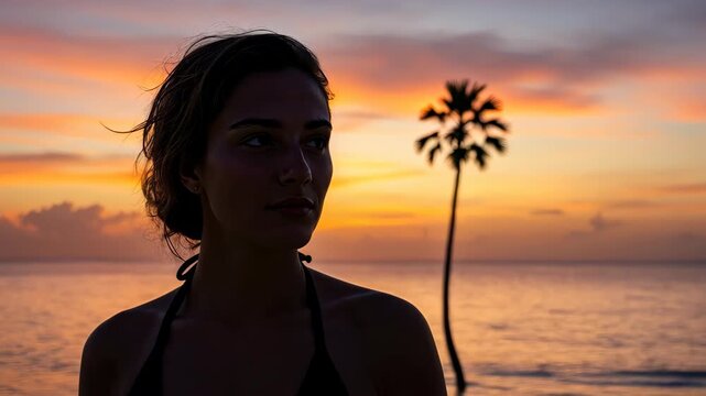 Serene Sunset Silhouette: A woman stands gracefully, her silhouette framed against a mesmerizing sunset. The palm tree in the distance adds a touch of exoticism to the calm, introspective moment.