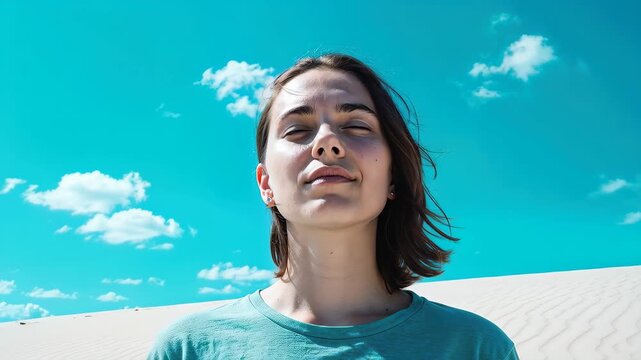 Zenith of Serenity: A young woman with eyes closed, embodying tranquility, stands under a vivid azure sky adorned with fluffy clouds, symbolizing peace and introspection. 