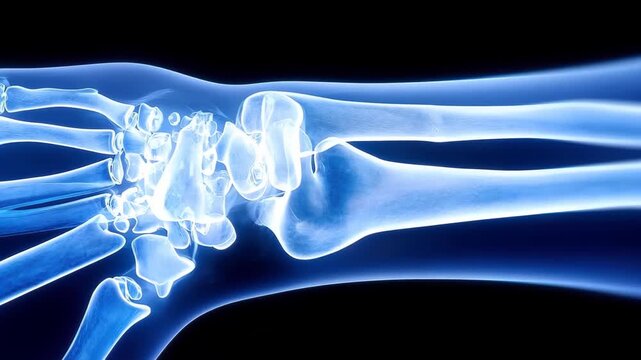 Radiant Bone Structure: A digital depiction of the human arm and hand bones, highlighting the intricate skeletal framework in a luminous, illuminating blue glow.