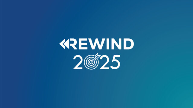 Dynamic white "REWIND 2025" typography with target icon in numbers on navy blue background. Ideal for year-in-review videos, recap graphics, social media highlights, annual summaries. Modern vector.
