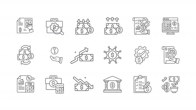 Accounting service line animation set. Business controlling methods animated icons. Accounting software for your company. Outline elements on white background. HD video with alpha channel