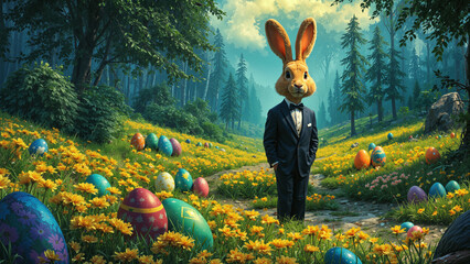 Anthropomorphic rabbit wearing a navy suit standing in a sunlit meadow filled with yellow flowers and decorative Easter eggs