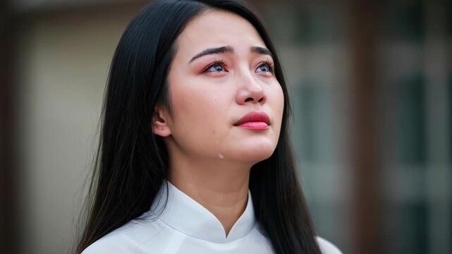 Tears of Contemplation: Capturing the vulnerability and emotional depth of a person, her eyes are filled with tears and gaze upwards. Revealing the complexities of human emotion.