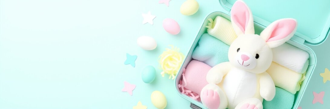 Easter bunny plush toy in suitcase with pastel eggs. Spring holiday travel flat lay with gift for kids. Holiday background with copy space for banner - Powered by Adobe
