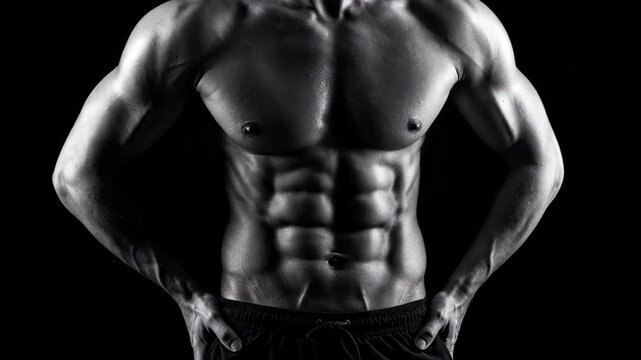Muscular Torso: Captivating monochrome image of a sculpted male torso showcasing defined abdominal muscles, radiating strength and physical prowess.