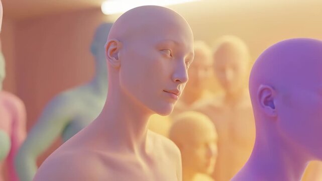 Serene Contemplation in the Crowd: A close-up shot of a smooth-skinned, bald figure gazing pensively, evoking a sense of introspection and quiet contemplation, while surrounded by blurred.