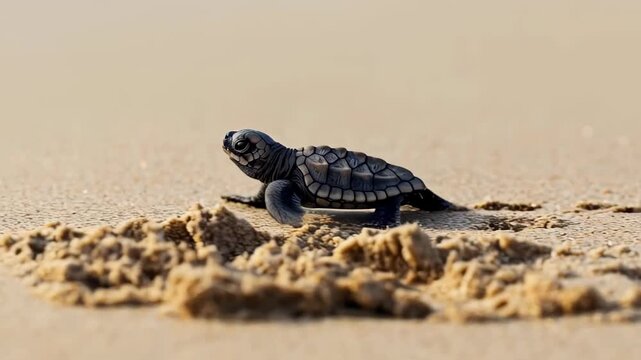 A Newborn's Journey: A tenacious baby turtle makes its determined trek across the sandy beach, navigating the fine grains, a testament to the beginning of life.