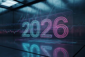 Holographic display of the year 2026 with digital wireframe and stock chart overlay in futuristic room