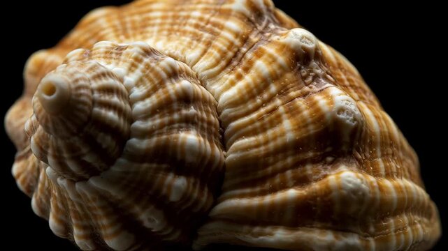 Intricate Seashell: A detailed view showcases the spiral form and textured surface of a seashell, with its natural pattern and earthy tones beautifully highlighted.