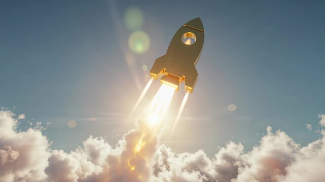 Soaring Ambition: A golden rocket bursts through the clouds towards the sunlight, a symbol of ambition, innovation, and reaching new heights.