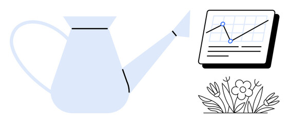 Watering can nurturing plants with blooming flowers beside an upward-trending line chart. Ideal for growth, strategy, success, analytics, nurturing, progress, sustainability. Simple flat metaphor