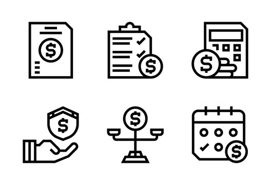 Pack de iconos de presupuesto. Documento financiero, control de gastos, c&aacute;lculo monetario, protecci&oacute;n econ&oacute;mica, equilibrio financiero. Dise&ntilde;o vectorial lineal