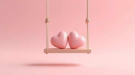 Two Pink Hearts On Wooden Swing Against Soft Pastel Background, Minimal Romantic Love Concept, Symbol Of Relationship And Balance, Clean Modern 3D Illustration With Copy Space