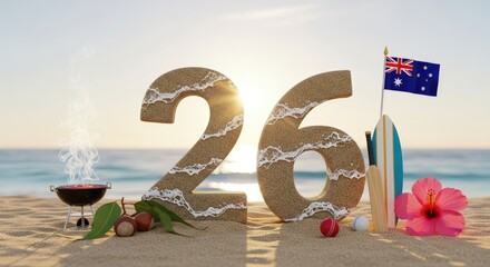 Twenty six sand numbers celebrate Australia Day with a beach barbecue, surfboard, cricket gear, hibiscus flower, and Australian flag under warm sun rays.
