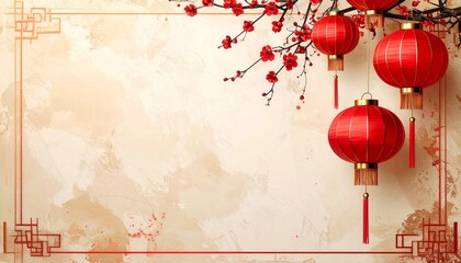 Lanterns and Plum Blossoms with Oriental Frame, Festive Celebration Concept, Generative AI