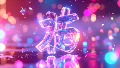 Holographic Glass Chinese Character, Fortune and Celebration Concept, Generative AI