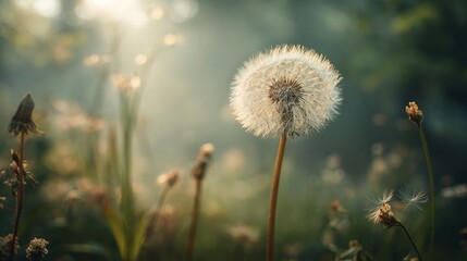 Delicate Dandelion in a Sunlit Meadow: A Close-Up on Nature's Wonders and the Beauty of Serenity and Light