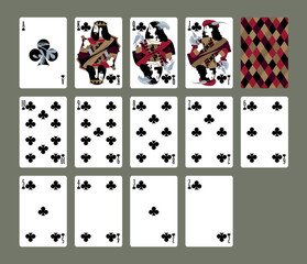 Set of Clubs playing cards and their back design in a minimalist flat style. Vector illustration