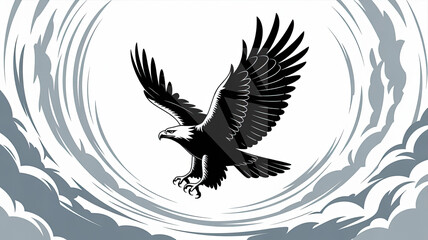 Soaring Eagle in Cloudy Skies: An majestic eagle, wings wide, soars through a celestial panorama. Capturing power, freedom, and the vastness of the sky.