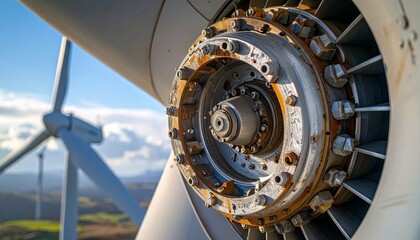 Detailed close-up of a wind turbine's rusty hub and blade mechanism during maintenance. In the background, another wind generator stands on a hill, representing sustainable green energy production.