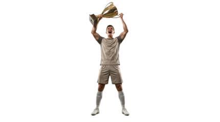 A victorious athlete triumphantly holds up a trophy, celebrating a major sporting achievement with pure elation and immense pride on transparent background