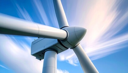 Close-up of a wind turbine with blades in motion creating a blur effect, generating clean and renewable electricity against a dynamic blue sky. Concept of sustainable power and green energy tech.