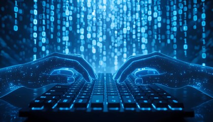 A pair of hands typing on keyboard with data stream in background