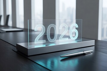 Clear acrylic display block with illuminated year 2026 on an office desk with a silver pen