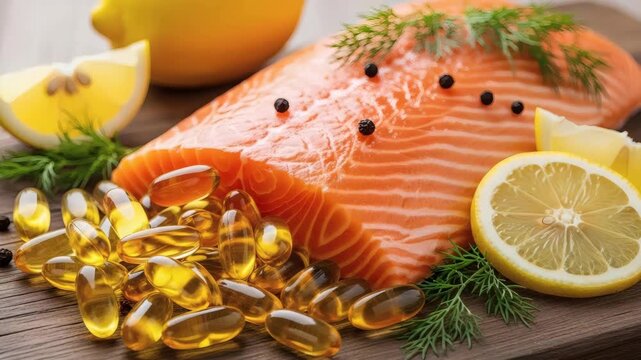 Fresh salmon fillet with nutritious mood promoting omega nutrition against rustic wooden background