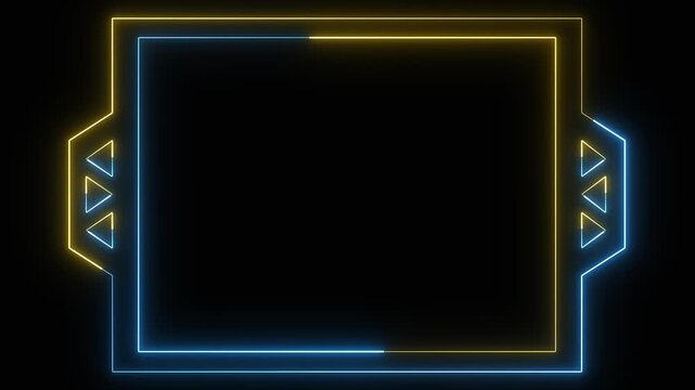 Neon sign in rectangle shape with triangles. Bright neon light, illuminated rectangle frame. Glowing golden and blue neon tube on transparent background. Signboard, banner, gaming or intro template.
