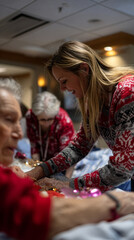 Young Volunteer Woman Decorating with Senior in Care Home - Christmas Activity