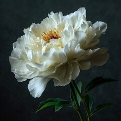 A Beautiful White Peony Bloom with Lush Petals and Green Leaves Against a Dark Background Showcasing Nature's Splendor