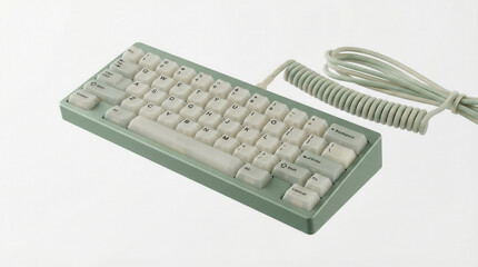 Compact vintage computer keyboard with coiled cable and tactile keys retro style