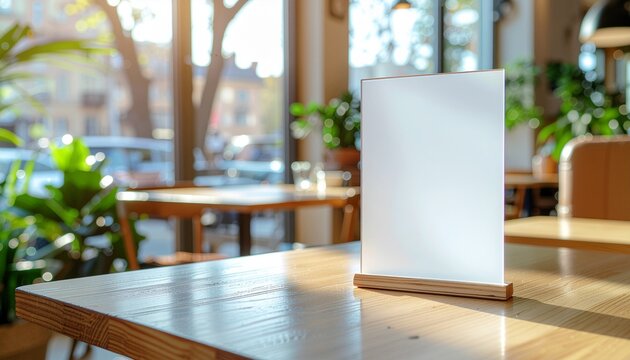 A vertical blank sign menu mockup sitting on a wooden table inside a bright modern cafe with large windows, blurred interior background, and sunlight streaming through