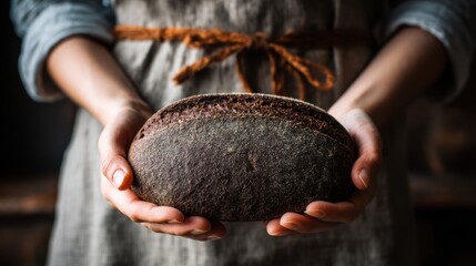 A person stands in a kitchen holding a round loaf of dark bread. The light shines softly highlighting the bread's texture. The person's hands are steady and careful.