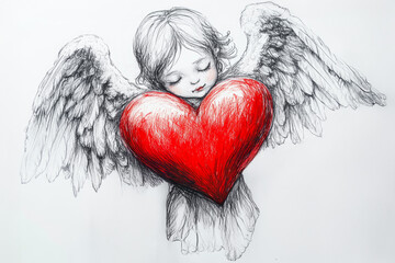 Draw pencil angel baby holding a red heart. Valentine's Day