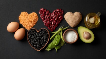 Different kinds of food are arranged in heart shapes on a black table. Ingredients include beans grains eggs oil and greens. This shows healthy choices for meals and snacks.