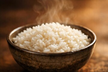 Steaming White Rice in Rustic Bowl