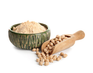 Bowl of chickpea flour and wooden scoop with beans on white background