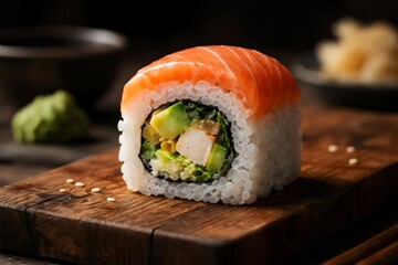 Fresh Sushi Roll Close-Up on Dark Background