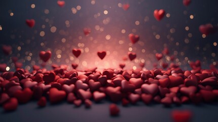 Cinematic Field Of Floating Red Hearts With Soft Bokeh Light, Romantic Love Atmosphere, Dreamy Valentine Emotion Scene With Shallow Depth Of Field And Glowing Background