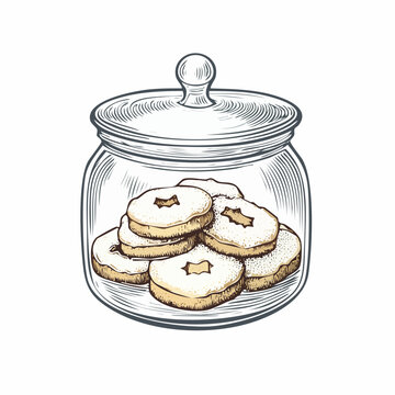 Vintage engraving illustration of a glass jar filled with powdered sugar putri salju cookies, traditional Indonesian festive biscuits in a classic hand drawn style.