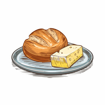 Vintage etching style illustration of a Br&ouml;tchen bread roll with a slice of cheese on a plate, featuring fine engraved detail, ideal for bakery, breakfast, and food design themes.